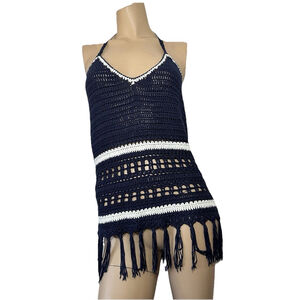 Lovemarks Crochet Y2K Boho Halter Top Stripes Tasseled Navy Womens Large Hippie